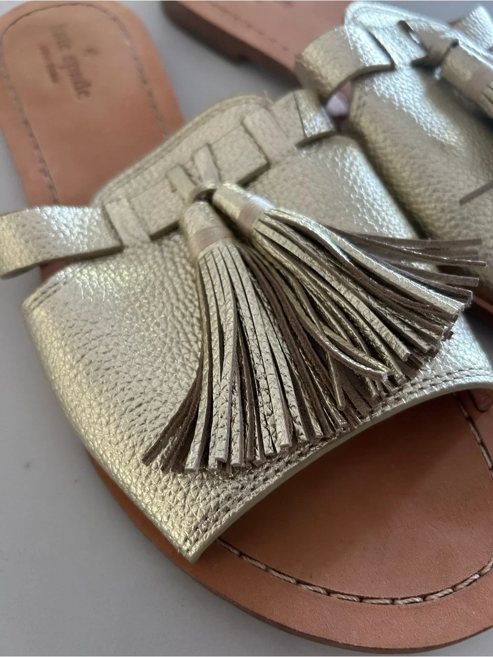 kate spade Gold Leather Tassel Slide Mules